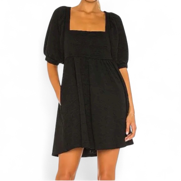 NWT FREE PEOPLE Black Violet Puff Sleeve Tie Back Mini Dress Size Small - Picture 1 of 5